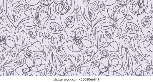 Trendy delicate pale violet seamless pattern with linear brush stroke hand drawn leaves and flowers. Delicate purple modern one line leaf and blossom print for textile design, feminine surface