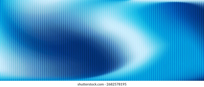 Trendy Denim blaue Gradient mit vertikalen gerippten fraktalen Glas Textur. Abstrakter fraktaler Glaseffekt. Futuristische Verzerrung. Schablone für Glasunschärfe mit Rippen. Vektorgrafik für Ihr Design