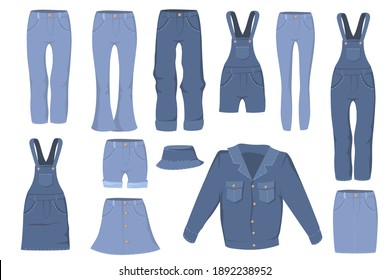 Ropa moderna de denim para diseño web. Modelos de prendas de caricatura hechos de tela de jean azul aislado colección de ilustraciones vectoriales aisladas. Concepto de moda y textil