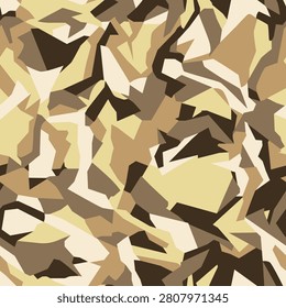 Trendy desert tan and brown geometric camouflage seamless pattern. A modern vector splinter camo with sharp, technical angles, perfect for desert tactical gear, techwear apparel, and activewear design