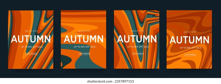 Trendy Design Autumn. Season Discount Offer 50%. Background Pattern Liquid Stripe for Advertising, Web, Social Media, Poster, Banner, Cover. Abstract Vintage Set Optical Fluid.