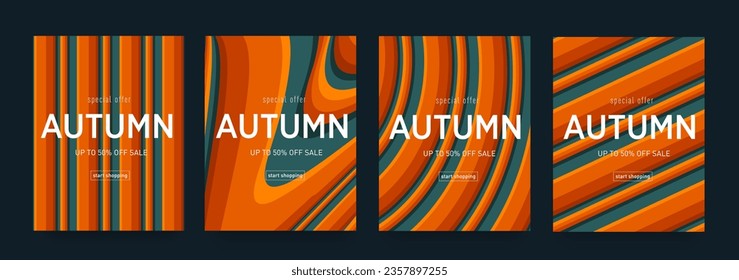 Trendy Design Autumn. Season Discount Offer 50%. Background Pattern Liquid Stripe for Advertising, Web, Social Media, Poster, Banner, Cover. Abstract Vintage Set Optical Fluid.