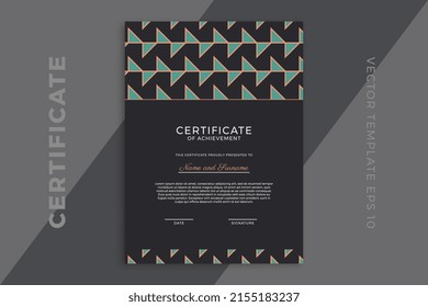 Trendy design of certificate of appreciation vertical dark template. Modern business diploma mockup for graduation or course completion with artistic geometric pattern. Vector background EPS 10