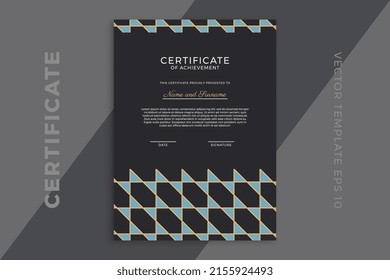 Trendy design of certificate of appreciation vertical dark template. Modern business diploma mockup for graduation or course completion with artistic geometric pattern. Vector background EPS 10