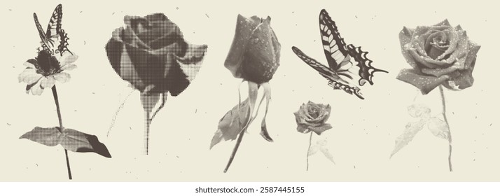Trendy design elements with a retro photocopy effect. Includes flowers, butterflies, and roses with a grainy texture and stippling. Vector illustration with a dotted halftone effect.