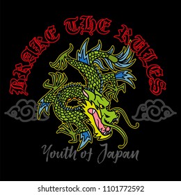 Trendy design embroidered Japan dragon with phrase "Break the rules". Modern vector illustration mascot logo print for street wear brand clothes t shirt sweatshirt bomber poster sticker patch