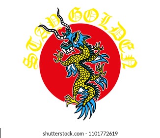 Trendy design embroidered Japan dragon on red circle with phrase "Stay golden". Modern vector illustration mascot logo print for street wear brand clothes t shirt sweatshirt poster sticker patch