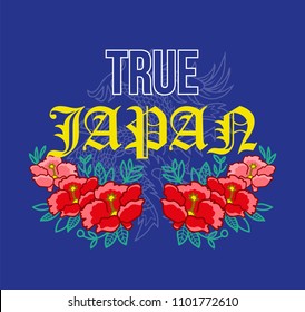 Trendy design embroidered Japan dragons with graphic flowers and phrase "True Japan". Modern vector illustration mascot logo print for street wear brand clothes t shirt sweatshirt poster sticker patch
