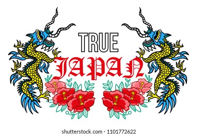 Trendy design embroidered Japan dragons with graphic flowers and phrase "True Japan". Modern vector illustration mascot logo print for street wear brand clothes t shirt sweatshirt poster sticker patch
