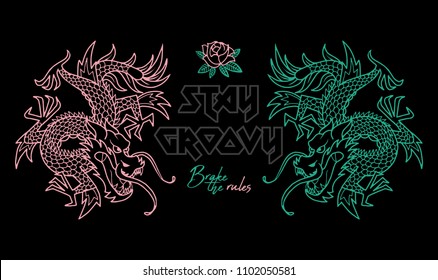 Trendy design embroidered Japan neon dragons with and phrase "Stay groovy". Modern vector illustration mascot logo print for street wear brand clothes t shirt bomber sweatshirt poster sticker patch