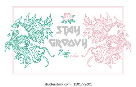 Trendy design embroidered line Japan neon dragons with and phrase "Stay groovy" Modern vector illustration mascot logo print street wear brand clothes t shirt bomber sweatshirt poster sticker patch