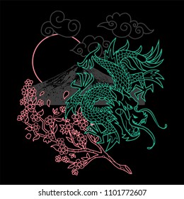 Trendy design embroidered line Japan neon dragon with sakura, mountain and sun Modern vector illustration mascot logo print street wear brand clothes t shirt bomber sweatshirt poster sticker patch