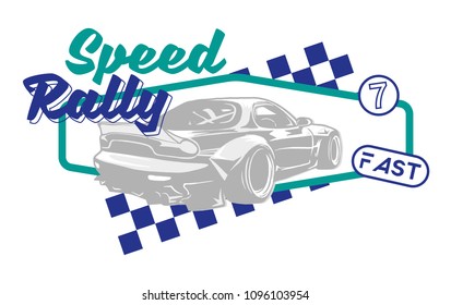 Trendy design fashion graphic print for t shirt clothes with Tokyo japan silver fast sports cars for speed rally with different race elements. Modern vector illustration for poster street wear brand.