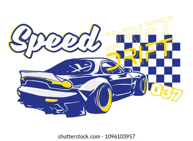 Trendy design fashion graphic print for t shirt clothes with Tokyo japan silver fast sports cars for speed rally drift with race elements. Modern vector illustration for poster street wear brand.