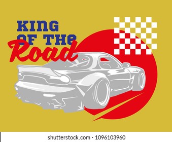 Trendy design fashion graphic print for t shirt clothes with silver fast sports cars for speed rally race with phrase "King of the road". Modern vector illustration for poster streetwear brand textile