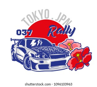 Trendy design fashion graphic print for t shirt clothes with Tokyo japan silver very fast sports car for speed rally race. Modern vector style illustration for poster bomber sticker textile sweatshirt