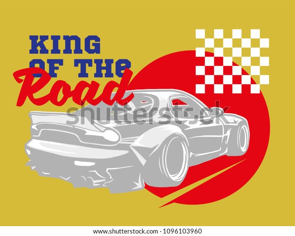 Trendy design fashion graphic print for t shirt\
clothes with silver fast sports cars for speed rally race with\
phrase \