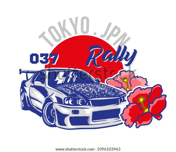Trendy design fashion graphic print for t\
shirt clothes with Tokyo japan silver very fast sports car for\
speed rally race. Modern vector style illustration for poster\
bomber sticker textile\
sweatshirt