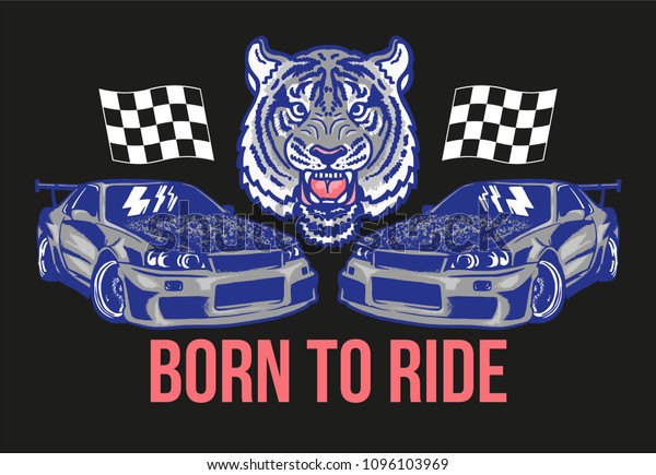 Trendy design fashion graphic print for t shirt\
clothes with tokyo japan silver fast sports cars for speed rally\
race with angry head wild tiger with phrase \