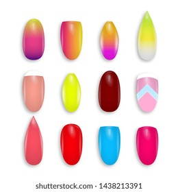 Trendy design female manicure. Collection of colored painted nails.  Nail polish isolated on white background. Vector illustration.