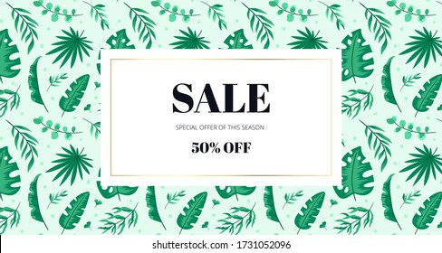 Trendy design with green leaves. Eucalyptus, palm, fern, and olive leaves. Square shape with space for text. Banner or flyer sale template. Vector hand-drawn illustration.