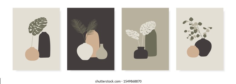 Trendy design for greeting cards, invitations, posters. Vases and tropical leaves. Abstract modern A4 posters set. Vector illustration.