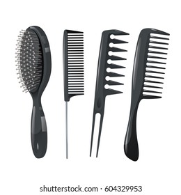 Trendy design haircare icons set. Metal and plastic combs, massage brush professional black hair styling accessories tools. Vector illustration.