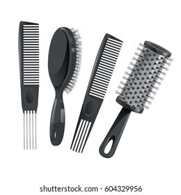 Trendy design haircare icons set. Metal and plastic comb, cylinder and brush professional black hair styling accessories tools. Vector illustration.