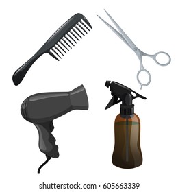 Trendy design haircare icons set. Brown container with spray, scissors, hair dryer and comb. Professional black hair styling accessories tools. Vector illustration.