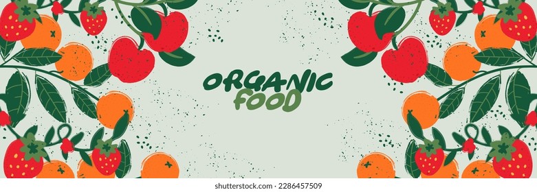 Trendy design, hand painted strokes and dots, Modern minimal style. Fruits and foliage geometry. Great for flyer, web poster, natural products presentation templates, cover design, vector.