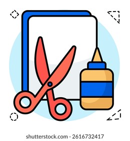 A trendy design icon of scissors with glue