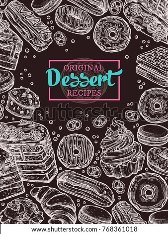 Trendy design on chalkboard with hand drawn cake, cupcake, donuts, macaroons, muffins, waffle, croissant. Vector background with desserts, sweets and bakery products in sketch style