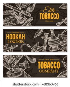 Trendy design on chalkboard of horizontal vector banners with hand drawn tobacco and smoking collection. Monochrome sketch cigarettes, cigars, hookah, tobacco leaves, ceremonial pipe, vintage pipes