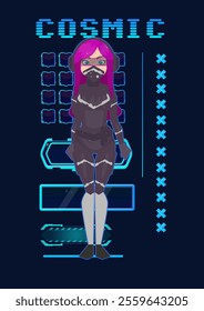 Trendy Design Poster Hud Futuristic Sci Fi Text Frame Window Character Purple Blue Dark  Banner Pop Up Window Game UI Screen Panel Vector Design
