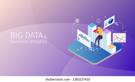 Trendy design style, isometric with gradients and line-art design-elements conceptual composition with a person working with his tablet, Big Data and Business Analytics theme