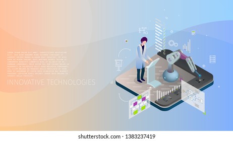 Trendy design style, isometric with gradients and line-art design-elements conceptual composition with a person programming a robotic system, Innovative Technologies metaphor