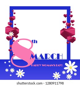 Trendy Design Template 8 March. Neon blue, white and pink greeting card. International Happy Women's Day. Paper cut hearts and chamomile flower holiday background with square frame vector illustration