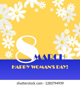 Trendy Design Template 8 March. Yellow-blue  greeting card. International Happy Women's Day. Paper cut chamomile flower holiday background , vector illustration for web and print