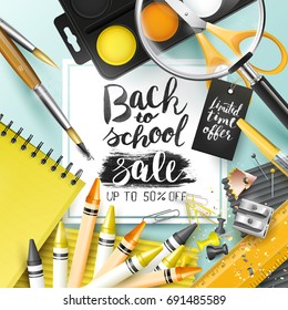 Trendy design template with "Back to school sale" brush lettering and school accessories