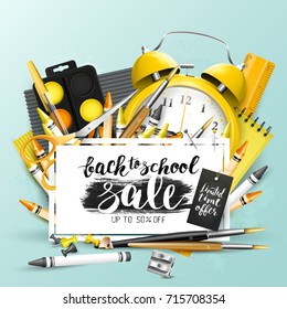 Trendy design template with "Back to school sale" brush lettering and school accessories