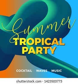 Trendy design template with fluid and liquid shapes. Summer party banner with colorful gradient background and modern lettering. Applicable for covers, posters, flyers. Vector illustration. Eps10