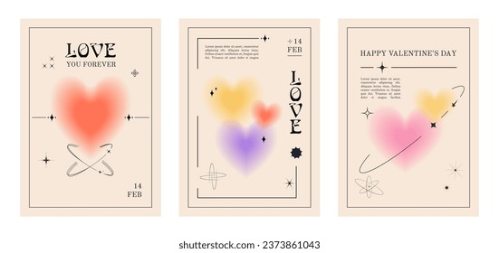 Trendy design templates of Valentine’s day. Minimalist aesthetic style with gradients and typography, y2k.