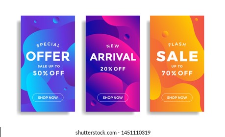 Trendy design templates with fluid shapes. Set of sale banners with colorful gradient background. Modern design for social media stories with discount offer. Vector illustration. 
