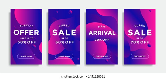 Trendy design templates with fluid shapes. Set of sale banners with colorful gradient background. Modern design for social media stories with discount offer. Vector illustration. 