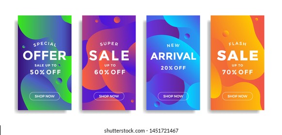 Trendy design templates with fluid shapes. Set of sale banners with colorful gradient background. Modern design for social media stories with discount offer. Vector illustration. 