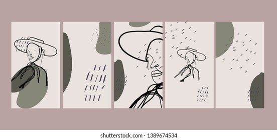 Trendy design templates for instagram stories with portrait woman in hat  abstract one line graphic style. Contemporary background for social media. Hand drawn vector