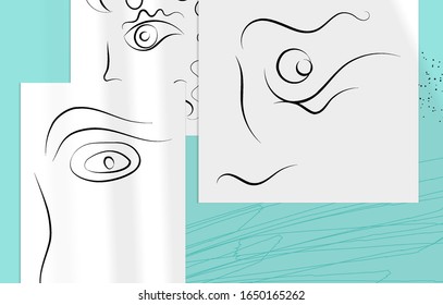 Trendy design templates with portrait woman in abstract one line graphic style. Contemporary background. Hand drawn vector art. Modern wall art, print or poster mock up with shadow overlay.