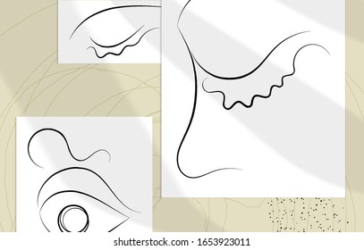 Trendy design templates with portrait woman in abstract one line graphic style. Contemporary background. Hand drawn vector art. Modern wall art, print or poster mock up with shadow overlay.