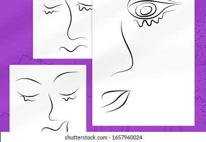 Trendy design templates with portrait woman in abstract one line graphic style. Contemporary background. Hand drawn vector art. Modern wall art, print or poster mock up with shadow overlay.
