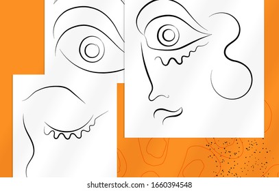 Trendy design templates with portrait woman in abstract one line graphic style. Contemporary background. Hand drawn vector art. Modern wall art, print or poster mock up with shadow overlay.